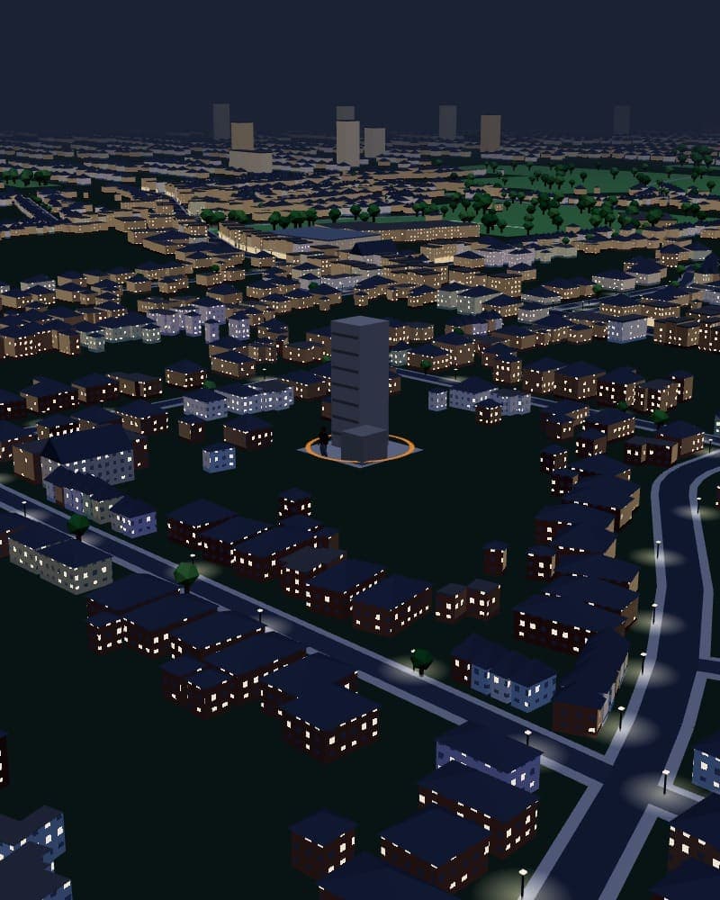 Atlanta at night in the game, from above: real streets and lit windows