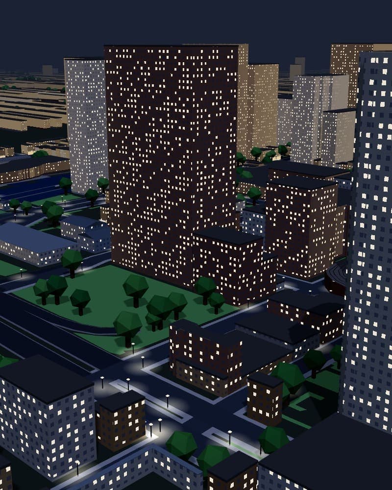 Chicago at night in the game, from above: real streets and lit windows