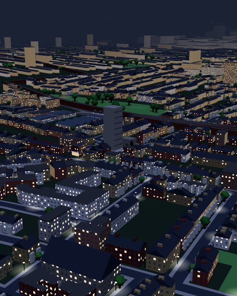 London at night in the game, from above: real streets and lit windows