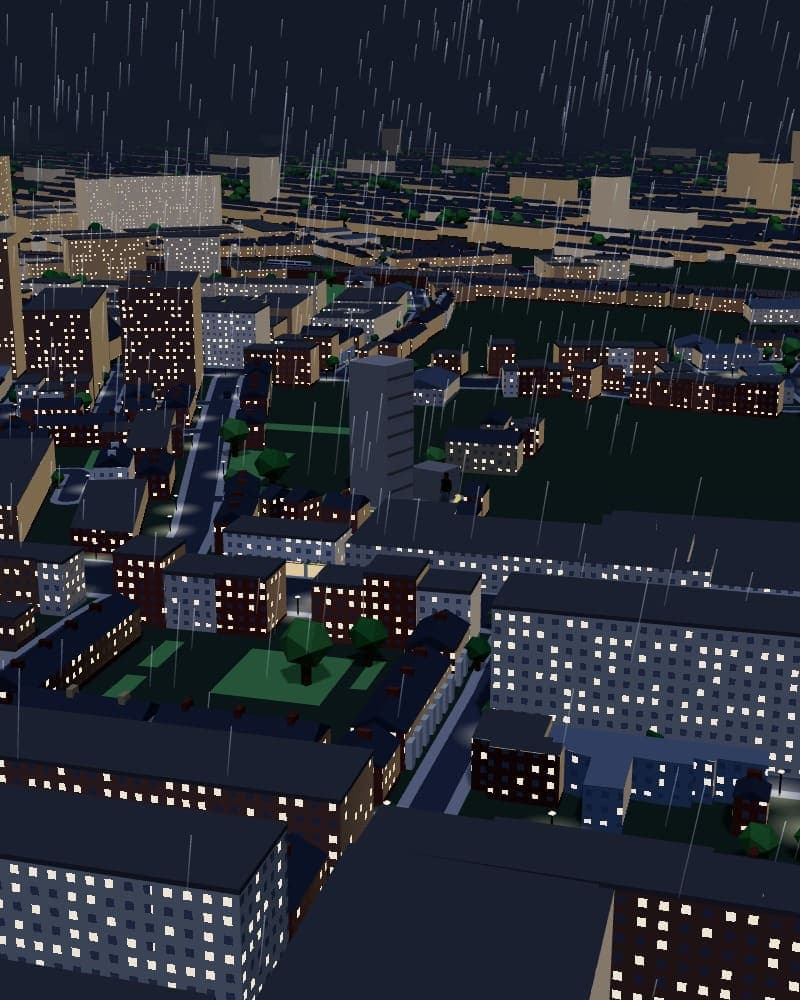 Manchester at night in the game, from above: real streets and lit windows