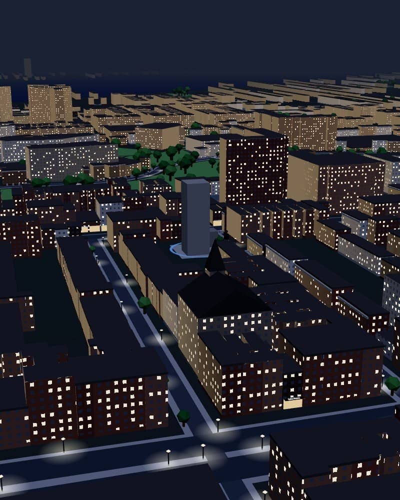 New York at night in the game, from above: real streets and lit windows