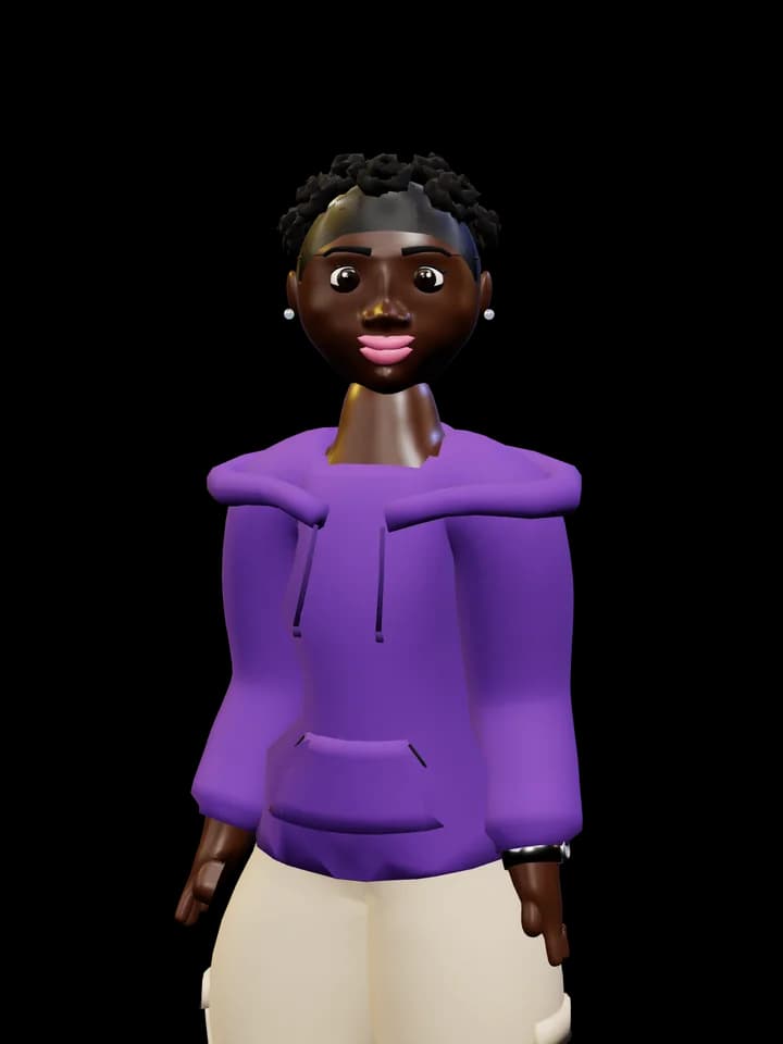 A woman with Bantu knots in a purple hoodie