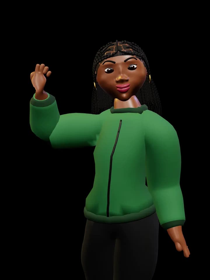 A woman with long box braids in a green bomber jacket, waving