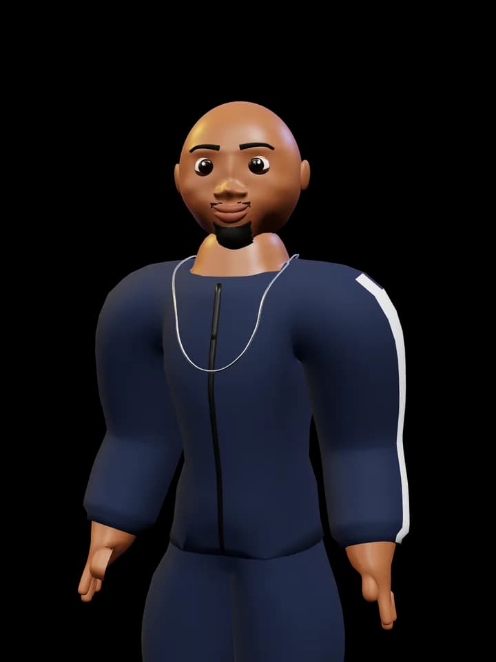 A man with cornrows and a goatee in a navy tracksuit and a silver chain