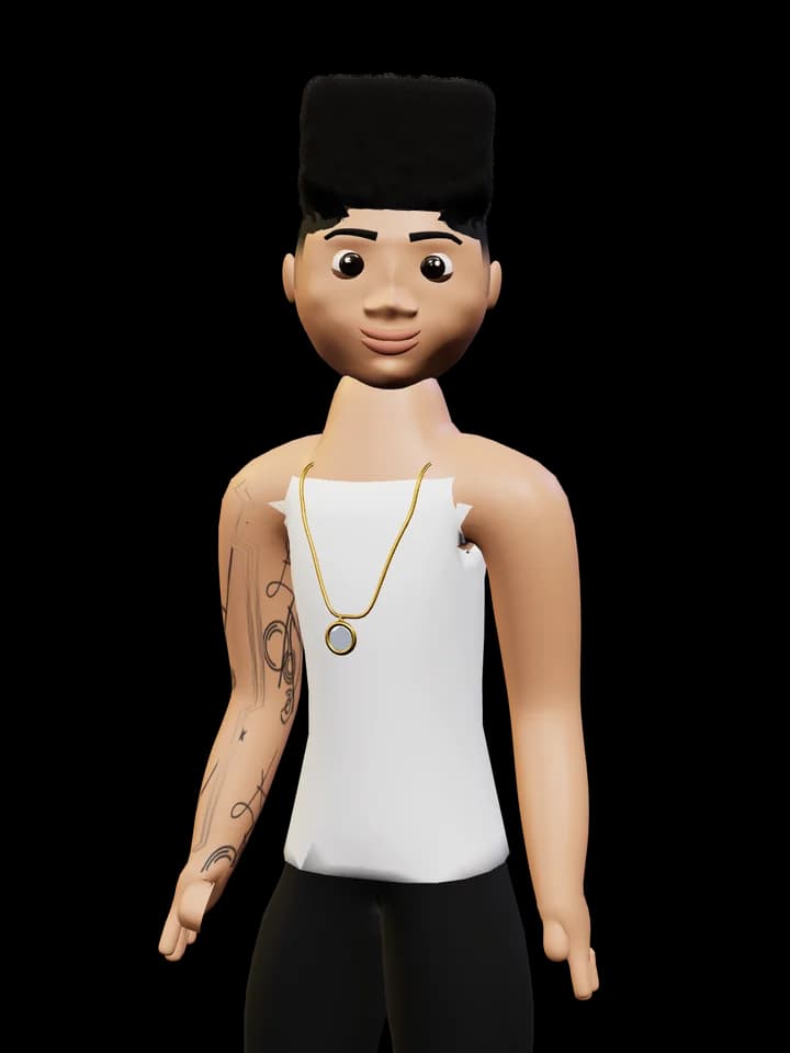 A man with a high-top in a white vest with a tattooed arm and a pendant