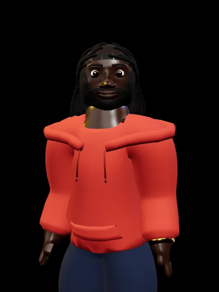 A man with shoulder-length locs and a full beard in a red hoodie
