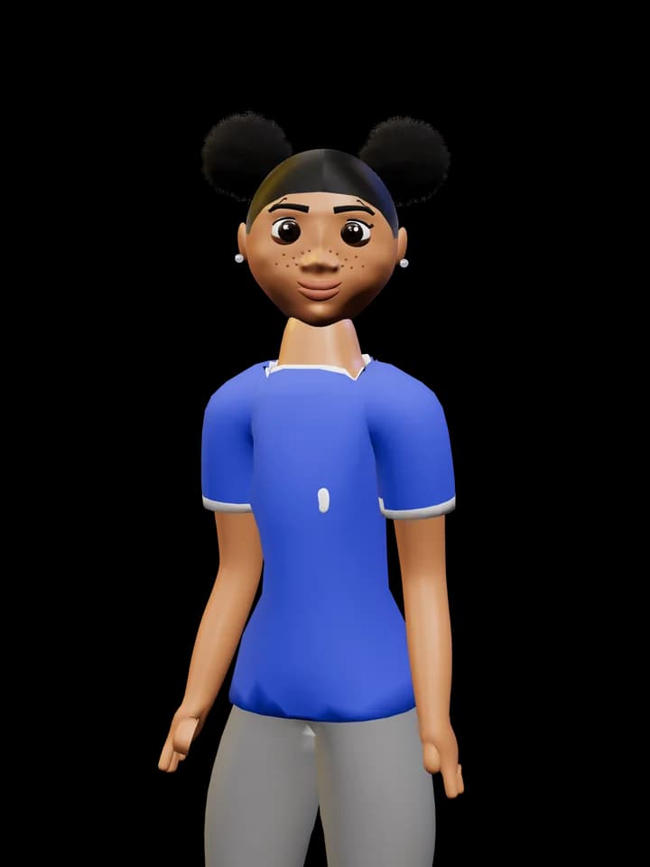 A woman with afro puffs and freckles in a blue football shirt