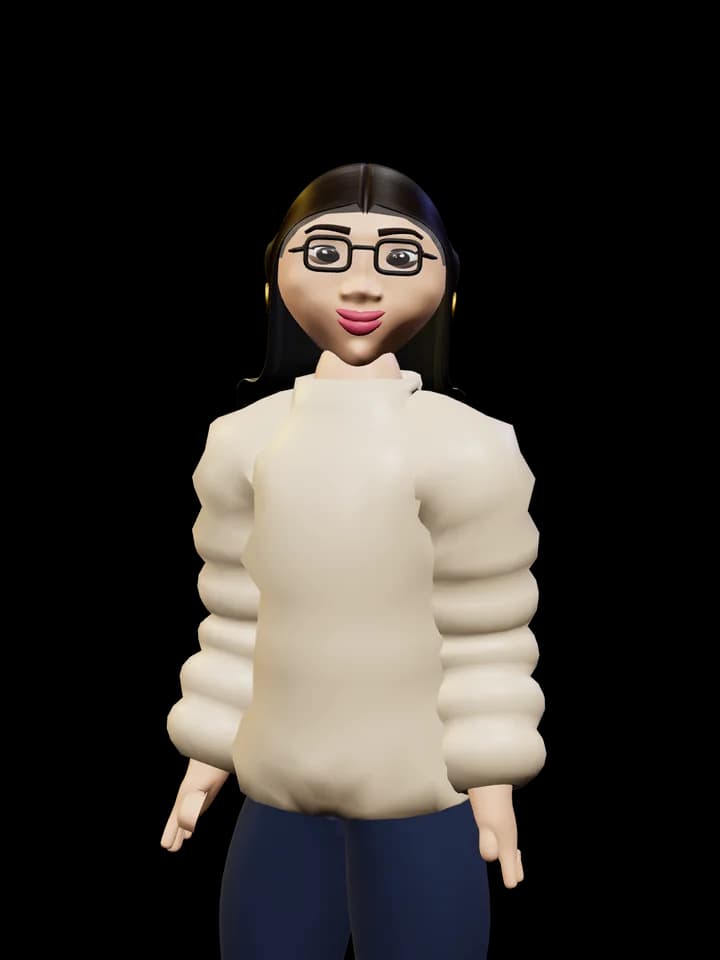 A woman with a long silk press and clear glasses in a cream puffer