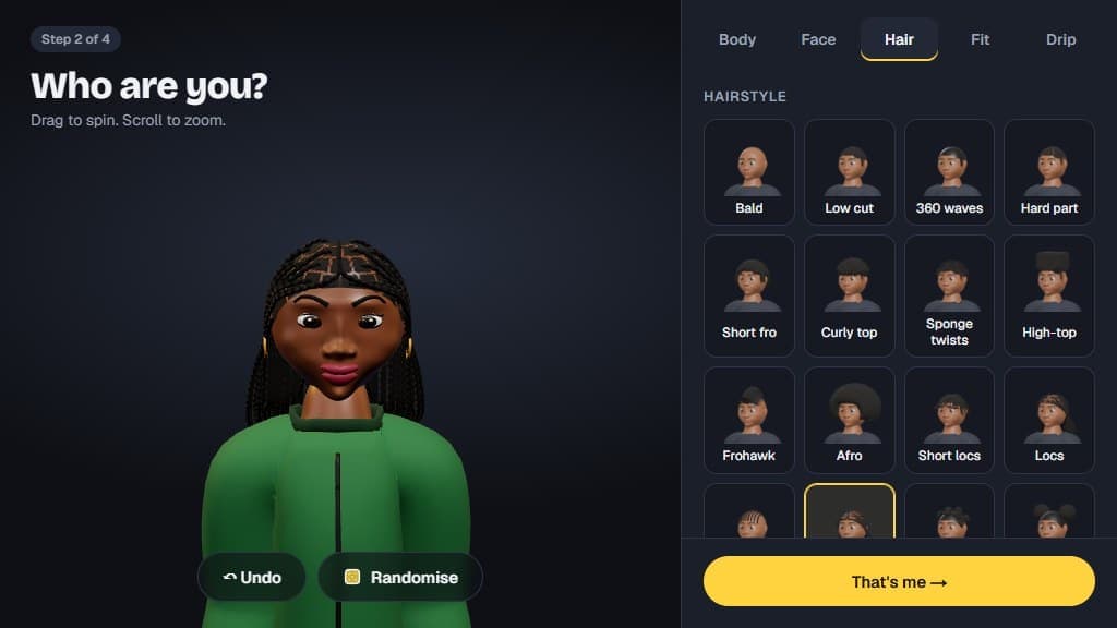 Making a character in Boroughs: box braids, picked from twenty hairstyles