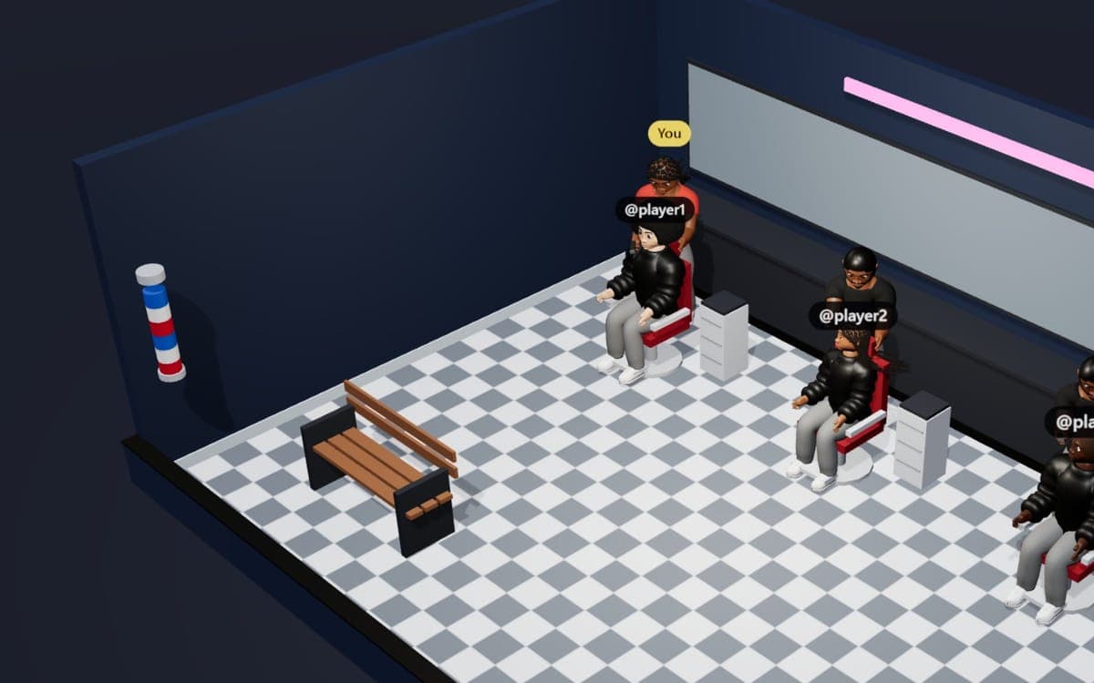 A barbershop in the game, players in the chairs and the barber at work