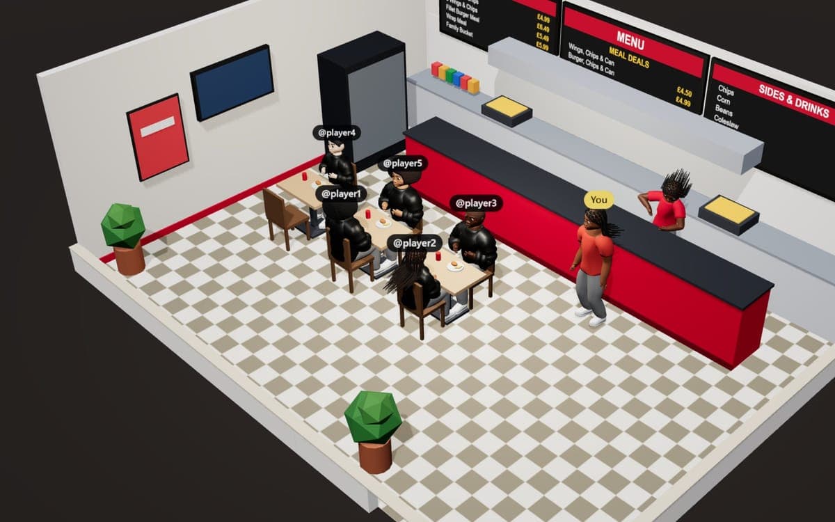 A chicken shop in the game full of players, name tags over their heads