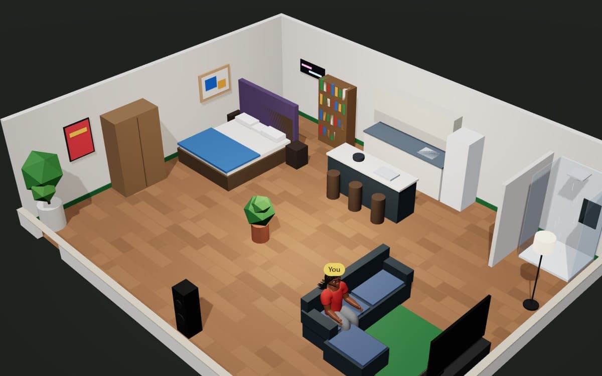 A player's own house in the game: corner sofa, big TV, king-size bed and a neon sign